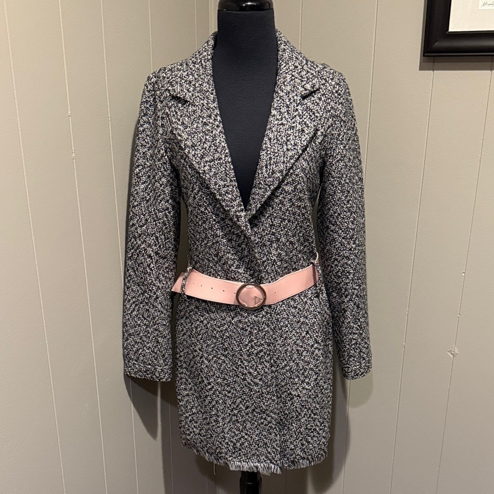 Tulle Women’s Medium Black and White Tweed Blazer Coat with Pink Accent Belt
